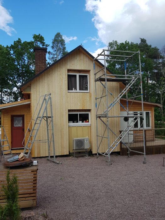 Renovering av gammal sommarstuga med ställningar runt en obehandlad träfasad, vindfönster och skorsten.