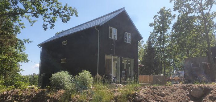 Svartbrun trätjärad fasad på ett modernt hus med glaspartier och omgivande grönska under en solig himmel.