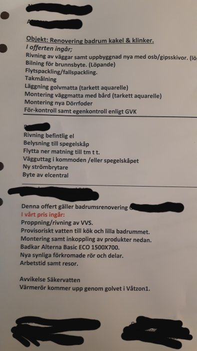 Offert för renovering av badrum med specificerade arbetsmoment som rivning av väggar och elinstallationer, ej fullständigt synlig.