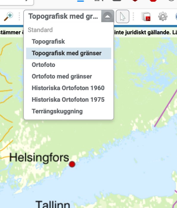 Skärmdump av Lantmäteriets historiska karttjänst med menyval för ortofoton från 1960 och 1975.
