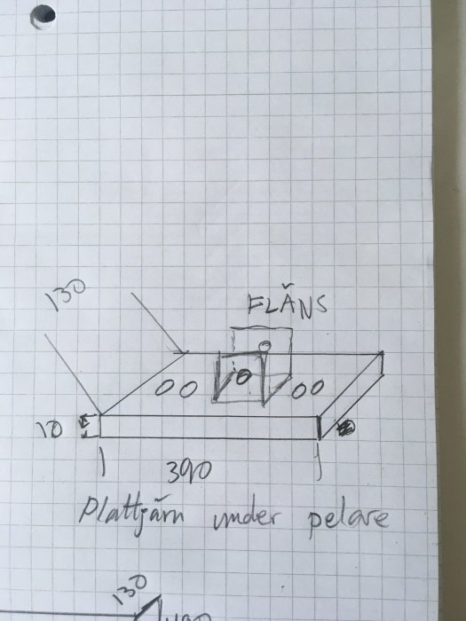 Sketch of a platform under a pole with dimensions: 390mm wide, 130mm and 10mm height, labeled with "fläns." Graph paper background.