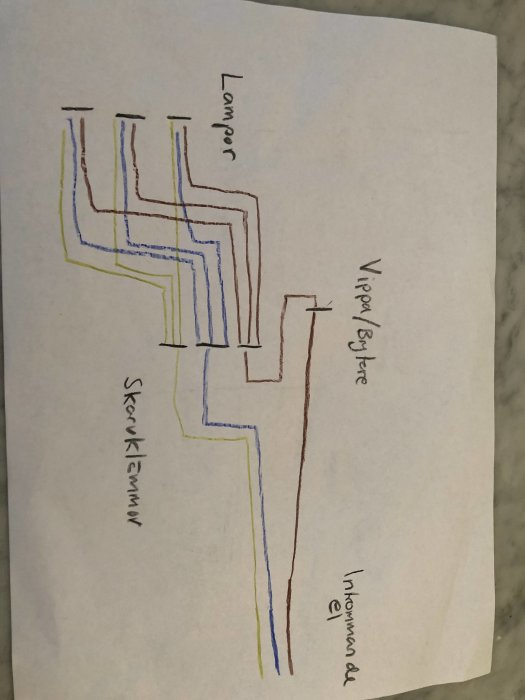 Handritad elschema-skiss för inkoppling av tre lampor till samma strömbrytare för vedbod/förråd.