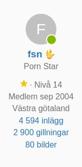 Profilinformation med användarnamn, titeln 'Porn Star', nivå, medlemskap, plats, antal inlägg, gillningar och bilder.