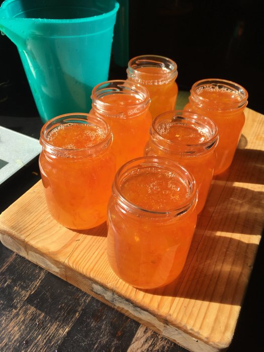 Ny citrusmarmelad med Habanero i glasburkar på träbräda, klar för ostbordet.