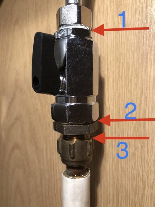 VVS-installation med numrerade delar för felsökning av läckage.