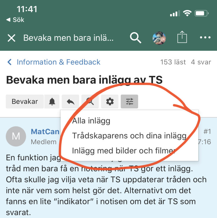 Skärmdump av ett diskussionsforums trådfiltreringsfunktion med val för olika inläggstyper.