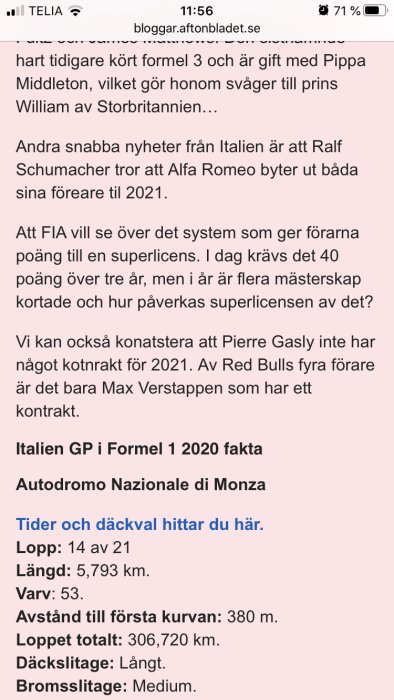 Skärmdump av en artikel på Aftonbladets blogg om Formel 1 med statistik för Italien GP 2020