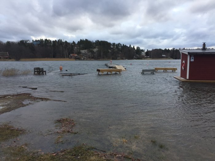 Översvämmad strand med bastu och bryggor nära vattenytan under högvattenstånd.