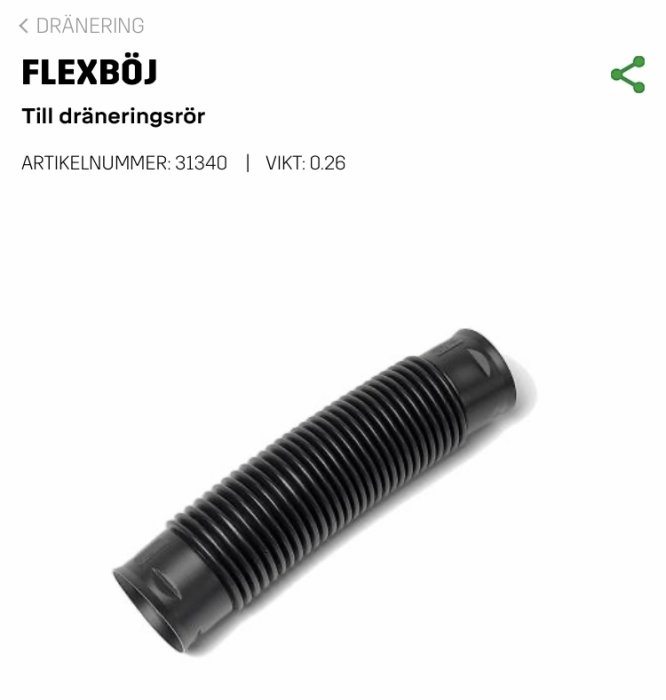 Svart flexböj för dräneringsrör på vit bakgrund, artikelnummer 31340.