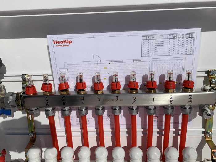 Nyligen installerad och inkopplad golvvärmefördelare med anslutna rör och schematisk ritning i bakgrunden.