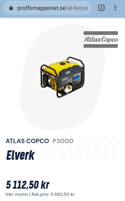 Atlas Copco P3000 portabelt elverk i gul och svart med priset visas på en bild från en webbutik.