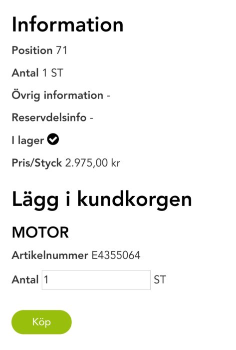 Skärmdump av en reservdelssida med motorpris 2 975 kr, artikelnummer och köpknapp.