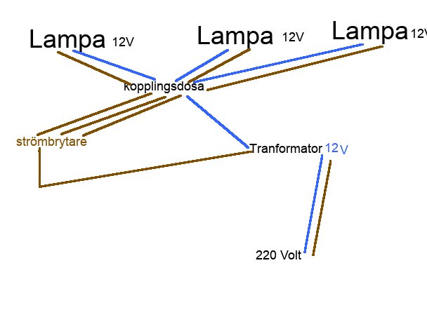 Schematisk bild som visar koppling av tre 12V lampor till en transformator och strömbrytare med kopplingsdosa.