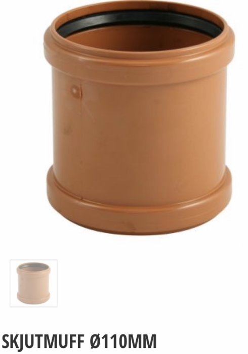 Brun skjutmuff med svart tätning inuti för röranslutning, märkt "SKJUTMUFF Ø110MM".