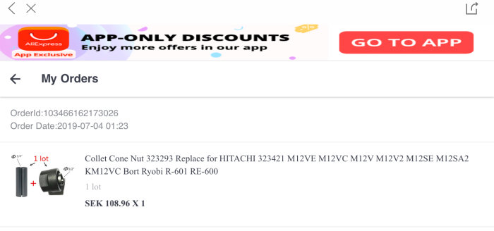 Skärmdump från AliExpress visar en orderinformation med en collet chuck mutter för olika frässkaft.