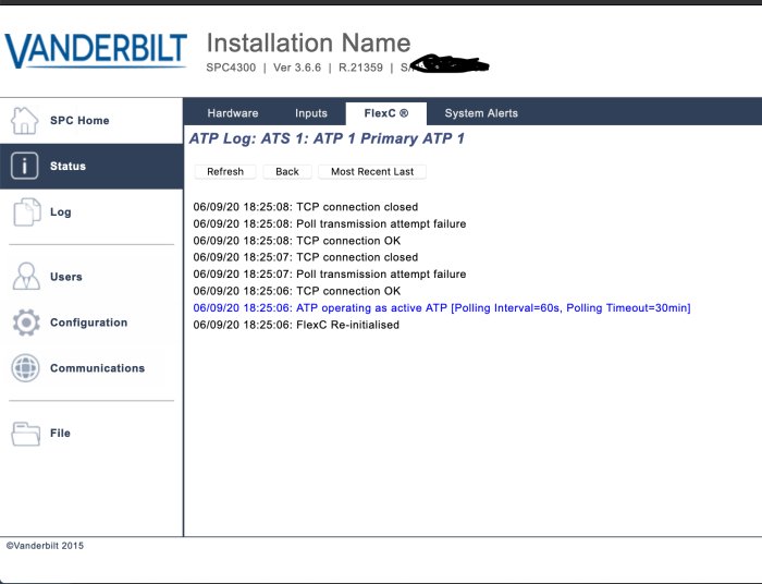 Skärmdump av systemlogg med TCP-anslutningsfel och ATP-operativa meddelanden.