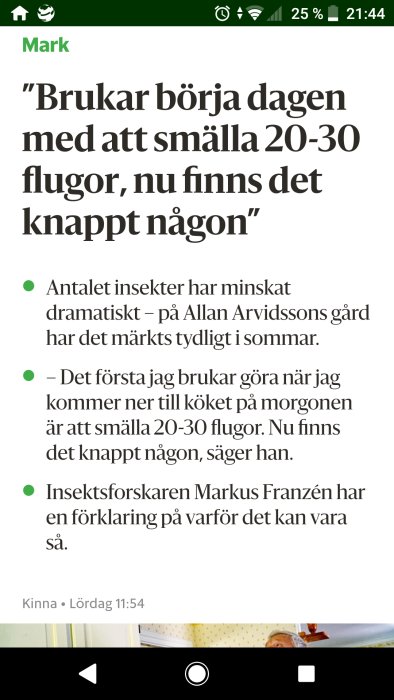 Skärmdump av en artikel om minskat antal insekter citerande Allan Arvidsson och insektsforskaren Markus Franzén.