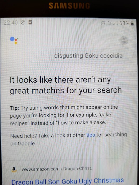 Mobilskärm som visar misslyckad röststyrd Google-sökning med texten "disgusting Goku coccidia".