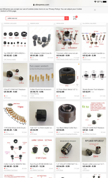 Skärmdump från AliExpress visar sökresultat för "Collet Cone Nut" med olika verktygstillbehör.