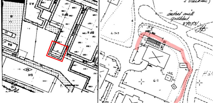 Planritning som visar ett hus på hörntomt, gränsande till parkmark med garage och potentiell åtkomstväg.