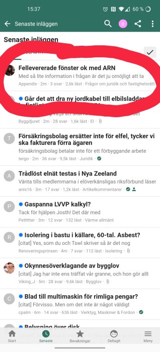 Skärmdump av ett diskussionsforum med olika trådar om bygg- och renoveringsämnen.