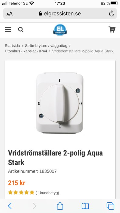 Väggmonterad vit vridströmbrytare 2-polig Aqua Stark för utomhusbruk med kapslingsklass IP44.