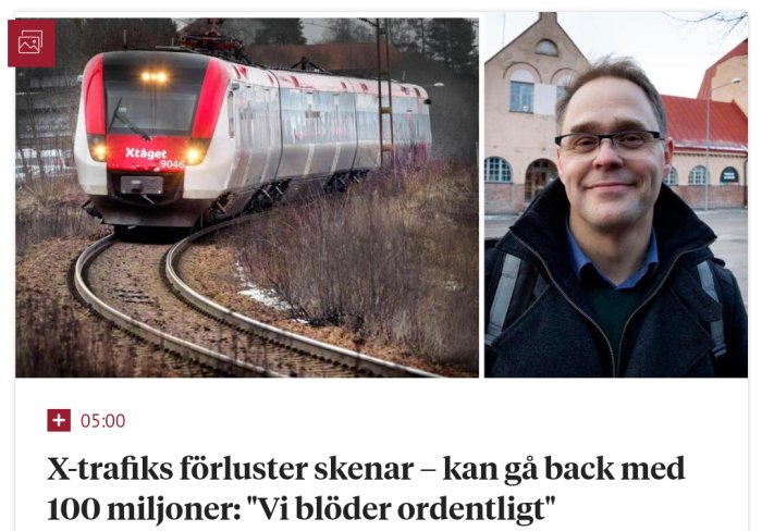 Leende man med glasögon bredvid bild på röd-vitt tåg på järnvägsspår.