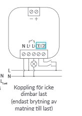 Schematisk ritning av el-kopplingar med beteckningar för icke dimbar last och märkningar för L, N och jordning.