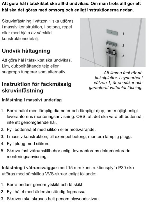 Illustration av korrekt montering av VVS-installation med rör och fastsättning på kakelvägg.