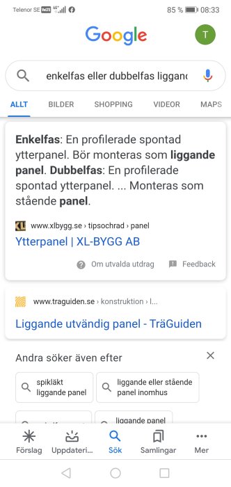 Skärmdump av en Google-sökning om enkelfas och dubbelfas paneler.