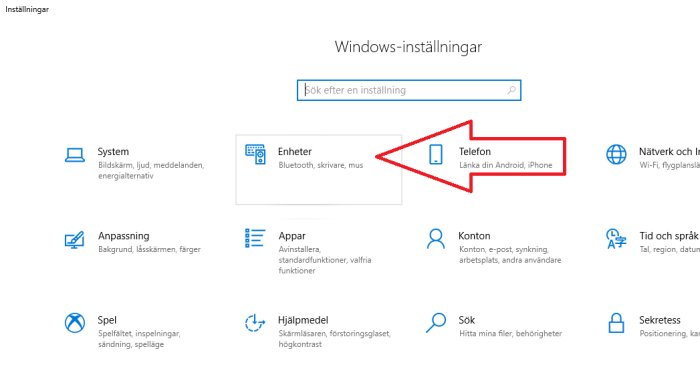 Skärmdump av Windows-inställningar med fokus på Bluetooth-ikonen under 'Enheter' meny.