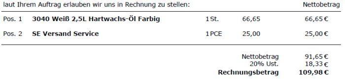 Bild av en faktura för Osmo 3040 Hårdvaxolja Vit 2,5L och fraktservice med priser och totalbelopp på 109,98 euro.