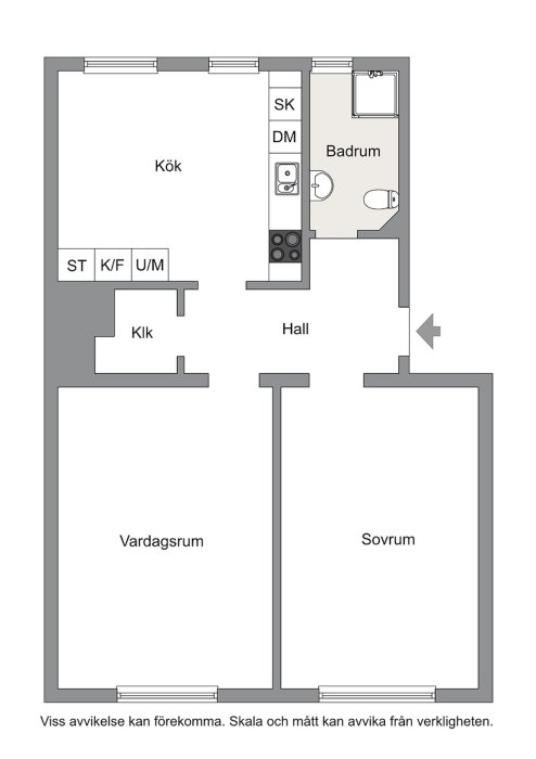 Planritning av en lägenhet med kök, badrum, hall, vardagsrum och sovrum, indikerar möjlig ombyggnad för öppnare yta.