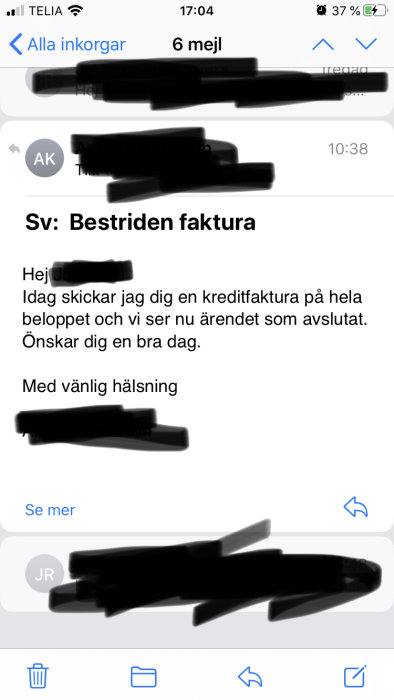 Skärmdump av e-post med löst ärende och krediterad faktura.