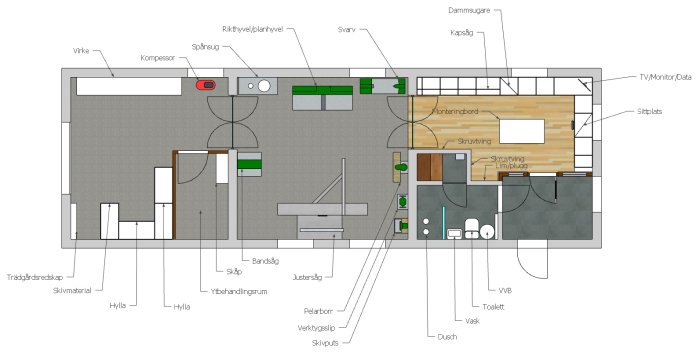 Ritning av garage/verkstad med utmärkt arbetsytor, maskiner, verkstadsgolv och inredda utrymmen.