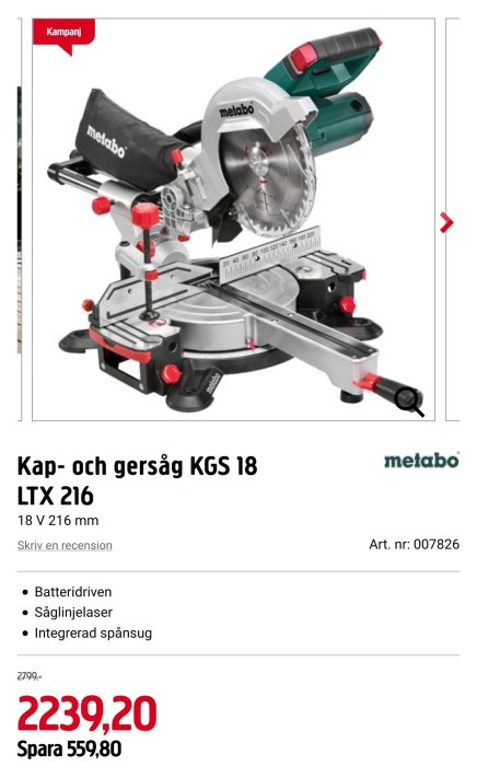 Metabo batteridriven gersåg KGS 18 LTX 216 på kampanj, med information om pris och produktfunktioner.