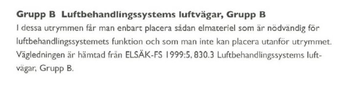 Utdrag ur ett supplement till elinstallationsregler som diskuterar placering av elmateriel i luftbehandlingssystemets utrymmen.