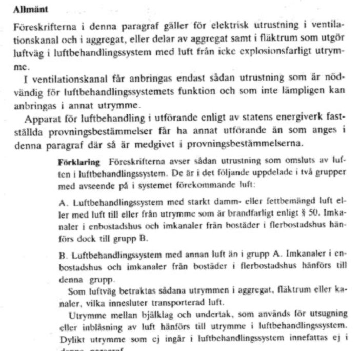 Bild av en text ur en regelbok som förklarar föreskrifter för elektrisk utrustning i ventilationssystem.