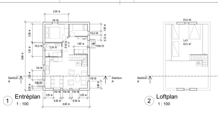 Arkitektoniska ritningar av en entreplan och ett loftplan för en byggnad med måttangivelser.