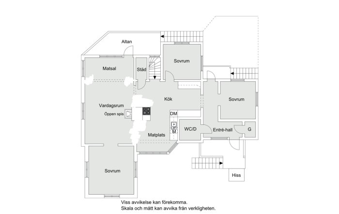 Planritning av ett hus med markerade icke-bärande väggar intill köket som föreslås tas bort.