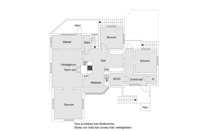 Ritning av husplanlösning med vardagsrum, kök, matplats och sovrum, diskussion om att ta bort icke bärande väggar.