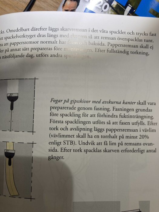 Instruktionsbild som visar olika steg i spackling av fogar på gipsskivor, inklusive applicering av spackel och pappersremsa.