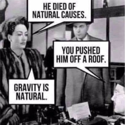 Två personer i en tecknad dialog med pratbubblor om att någon dött av naturliga orsaker och gravitation.