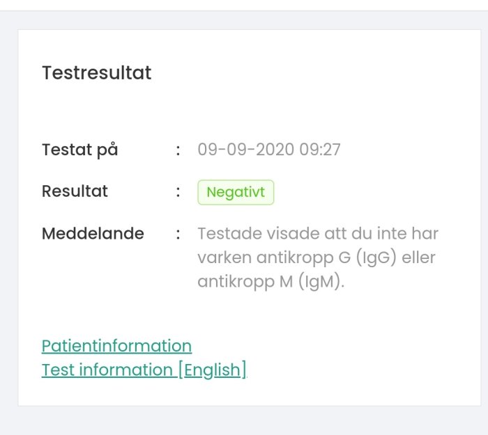 Skärmdump av ett testresultat som visar ett negativt svar på antikroppstest genomfört 09-09-2020.