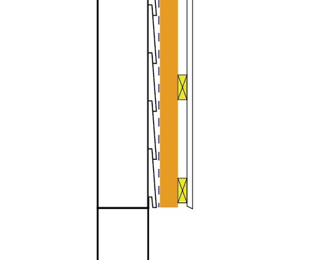 Skiss av en väggkonstruktion med isolering, ångspärr och fasta punkter markerade med kryss.