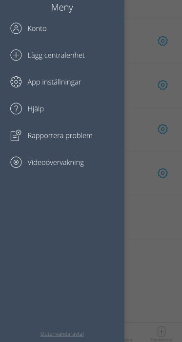 Skärmdump av en meny i en app med alternativet "Rapportera problem" markerat.