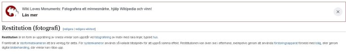 Screenshot av en Wikipedia-artikel om fotografisk restitution som beskriver upprätning av sneda vinklar i bilder av byggnader.