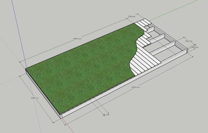 CAD-ritning över grundkonstruktion för en utkastsplats med mått och konstgrästäckning.