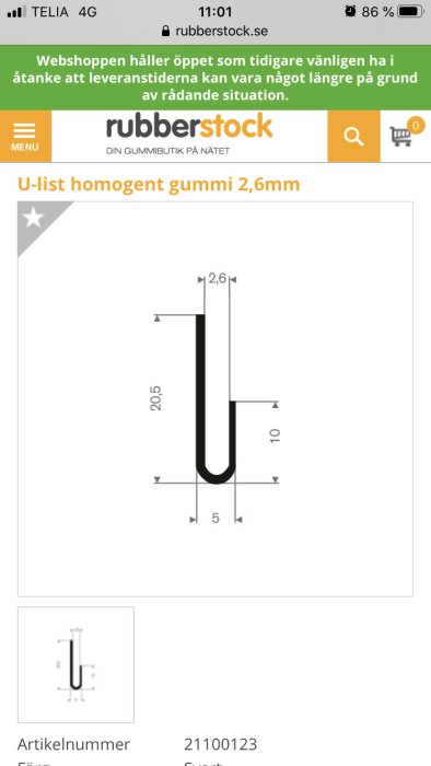 Skärmbild av svart U-list i homogent gummi 2,6mm med detaljerade mått från Rubberstock webbutik.
