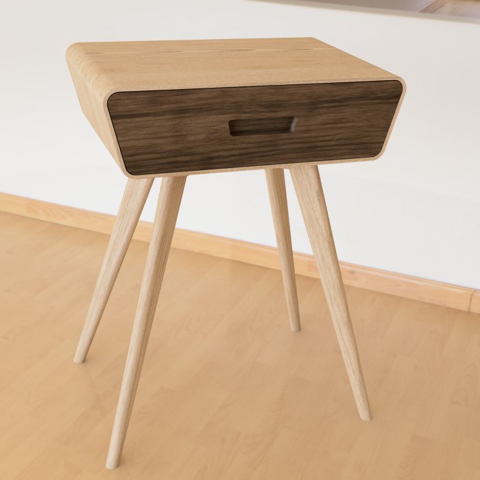 Modärnt sidobord i tvåtonad design med fyra ben och en låda, placerat på ett trägolv.
